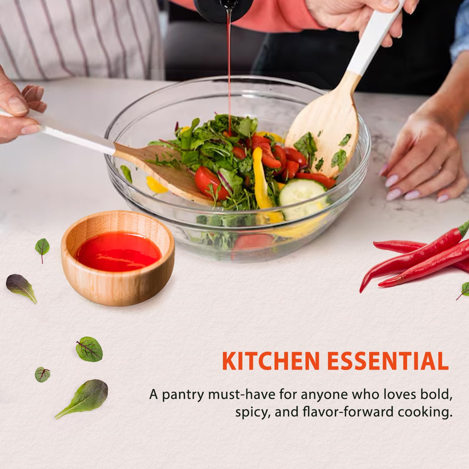 Soeos Spicy Sesame Oil bottle beside a simple dressing for bright flavor.