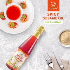 Soeos Spicy Sesame Oil bottle with roasted sesame seeds creating deep flavor.