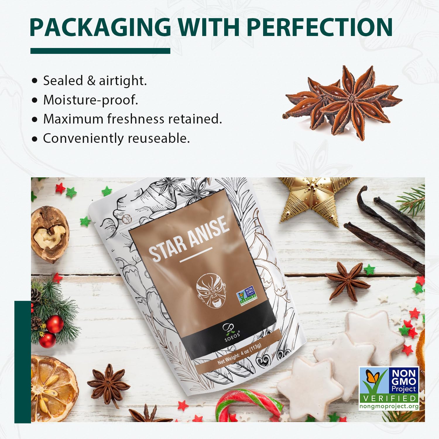 Soeos star anise packaging label showing Non-GMO verification