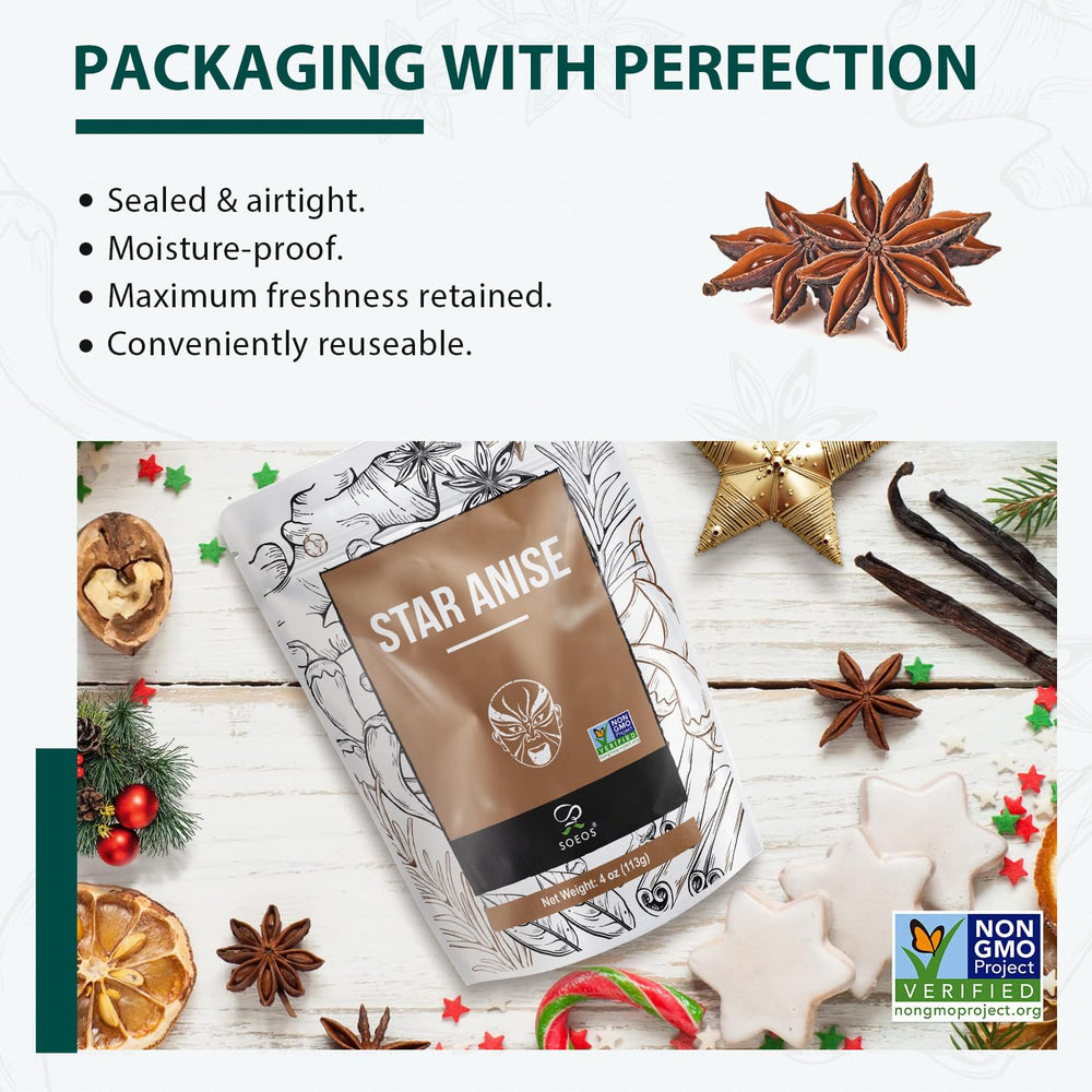 Soeos star anise packaging label showing Non-GMO verification