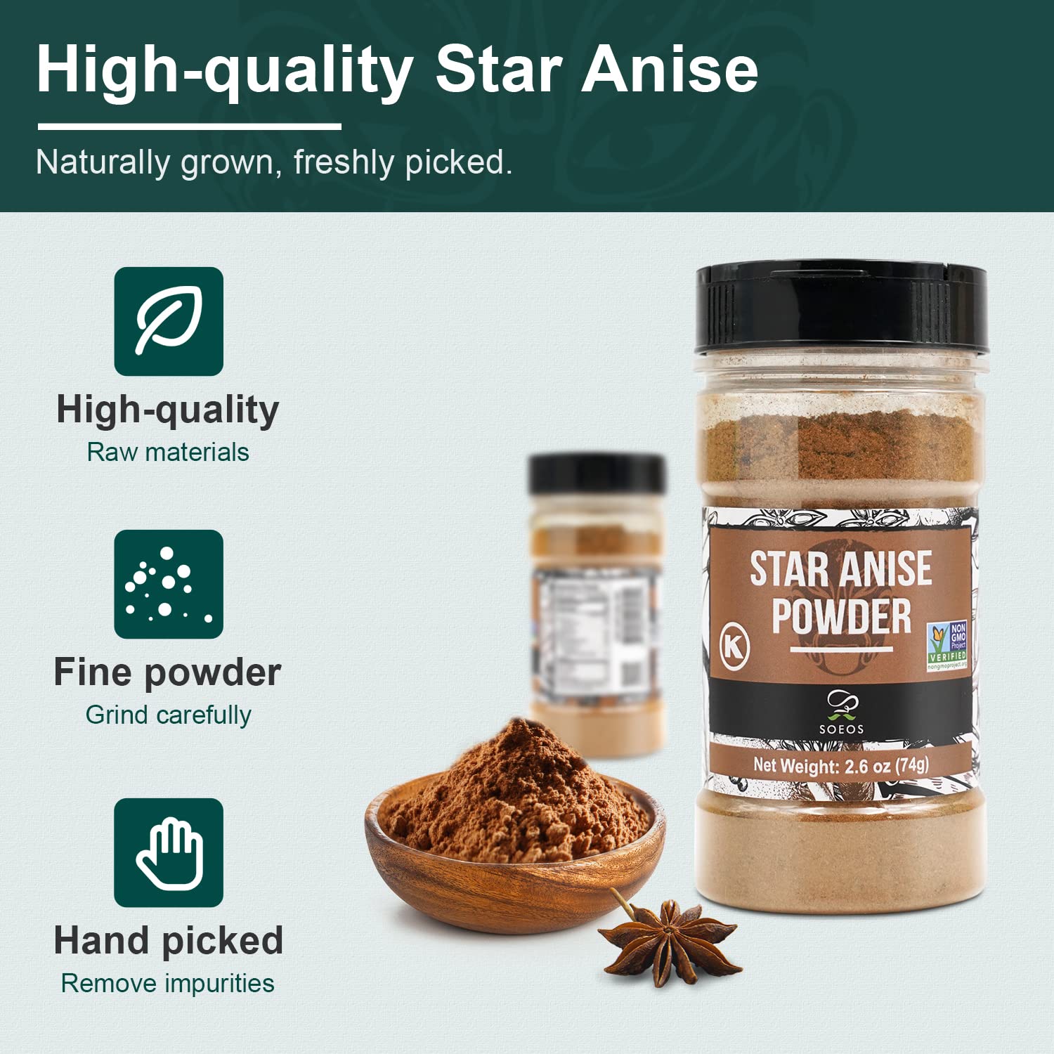Soeos star anise powder ideal for baking and doughs adding subtle sweetness.