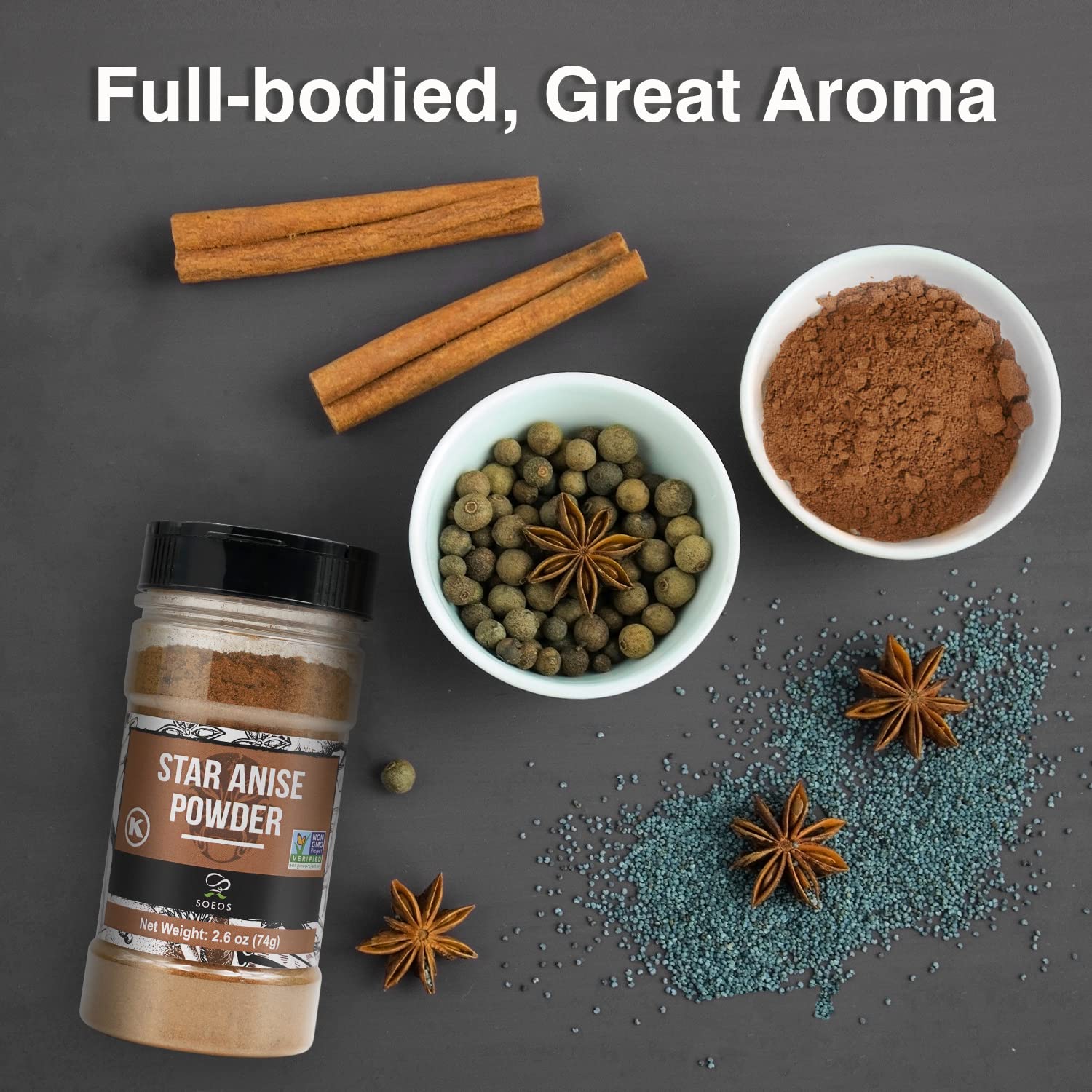Soeos star anise powder packaging emphasizes freshness and non-GMO quality.