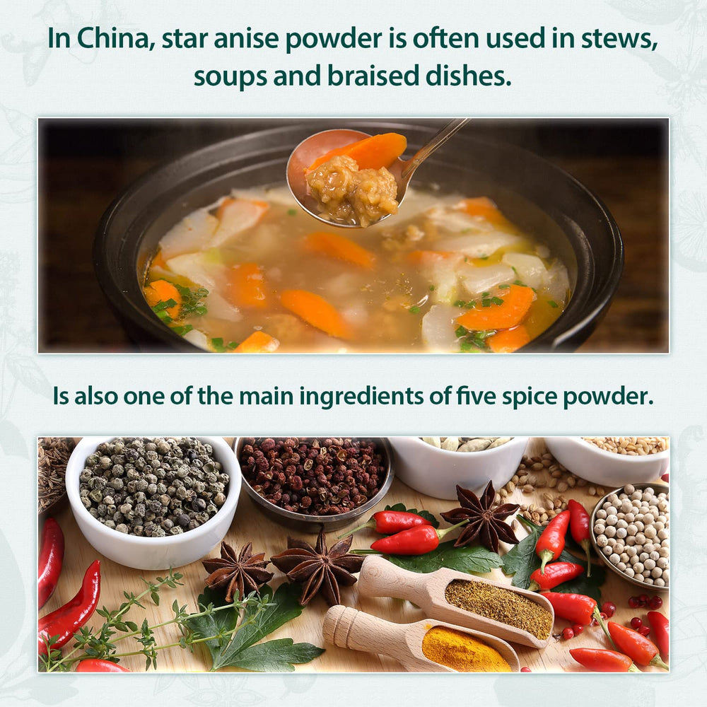 Soeos star anise powder pairs with Szechuan spices for flavorful experimentation.