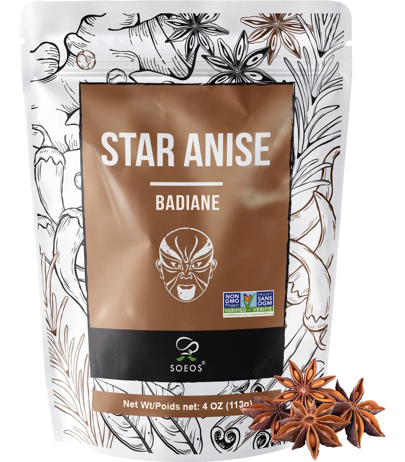 Soeos star anise whole seeds in front view highlighting premium flavor