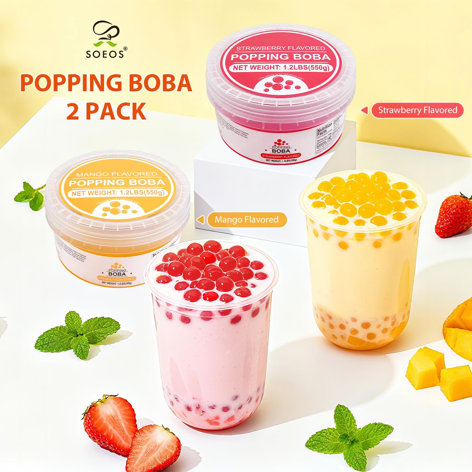 Soeos Strawberry Mango Popping Boba pack back view emphasizes premium quality pearls for drinks
