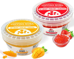 Soeos Strawberry Mango Popping Boba pack front view highlighting dual flavors for versatile desserts