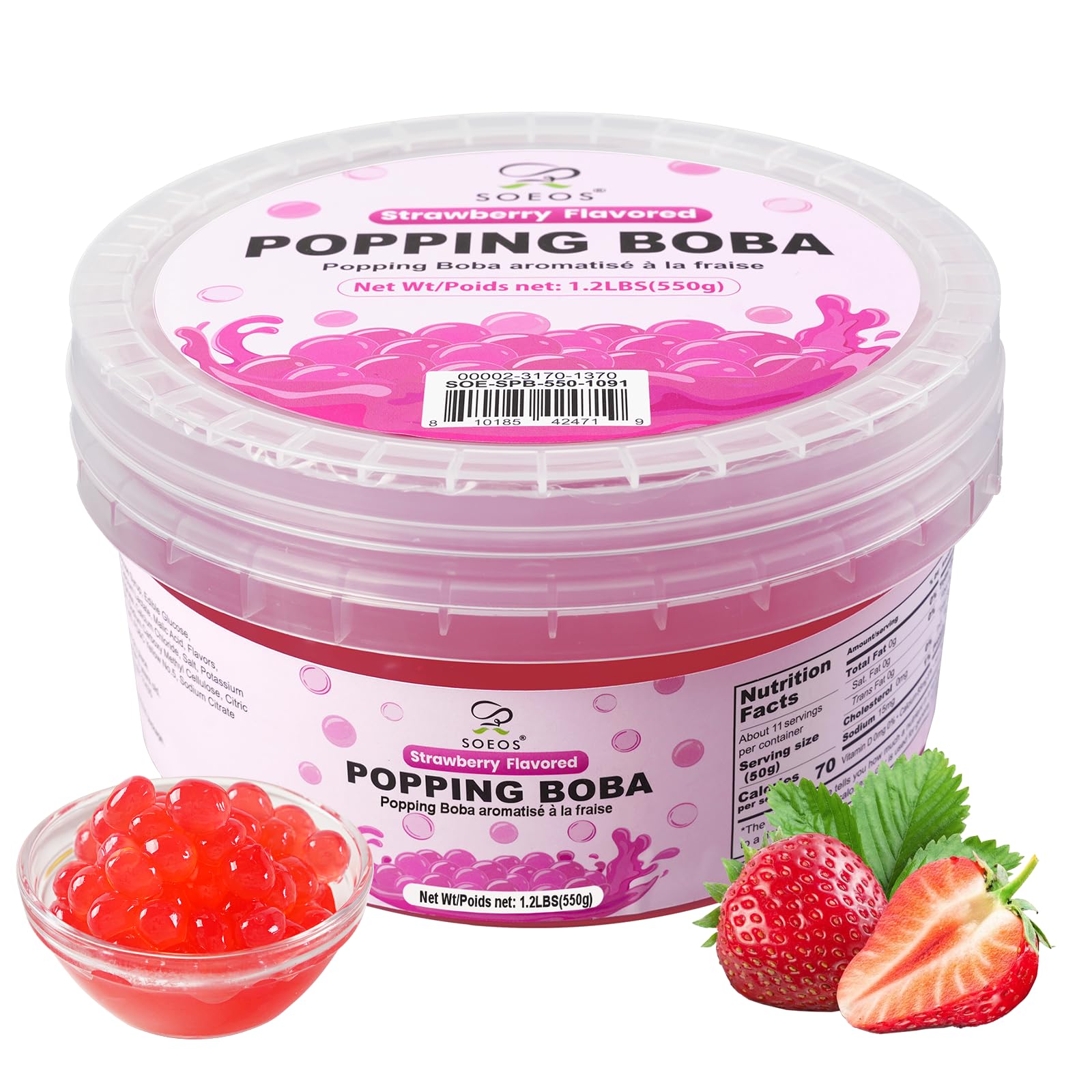 Soeos strawberry popping boba close-up revealing juicy strawberry filling for bubble tea