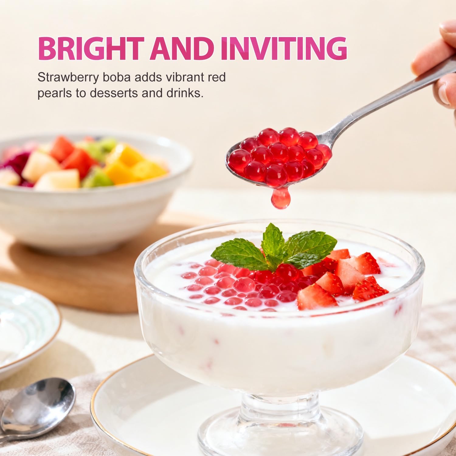 Soeos strawberry popping boba atop frozen yogurt swirl