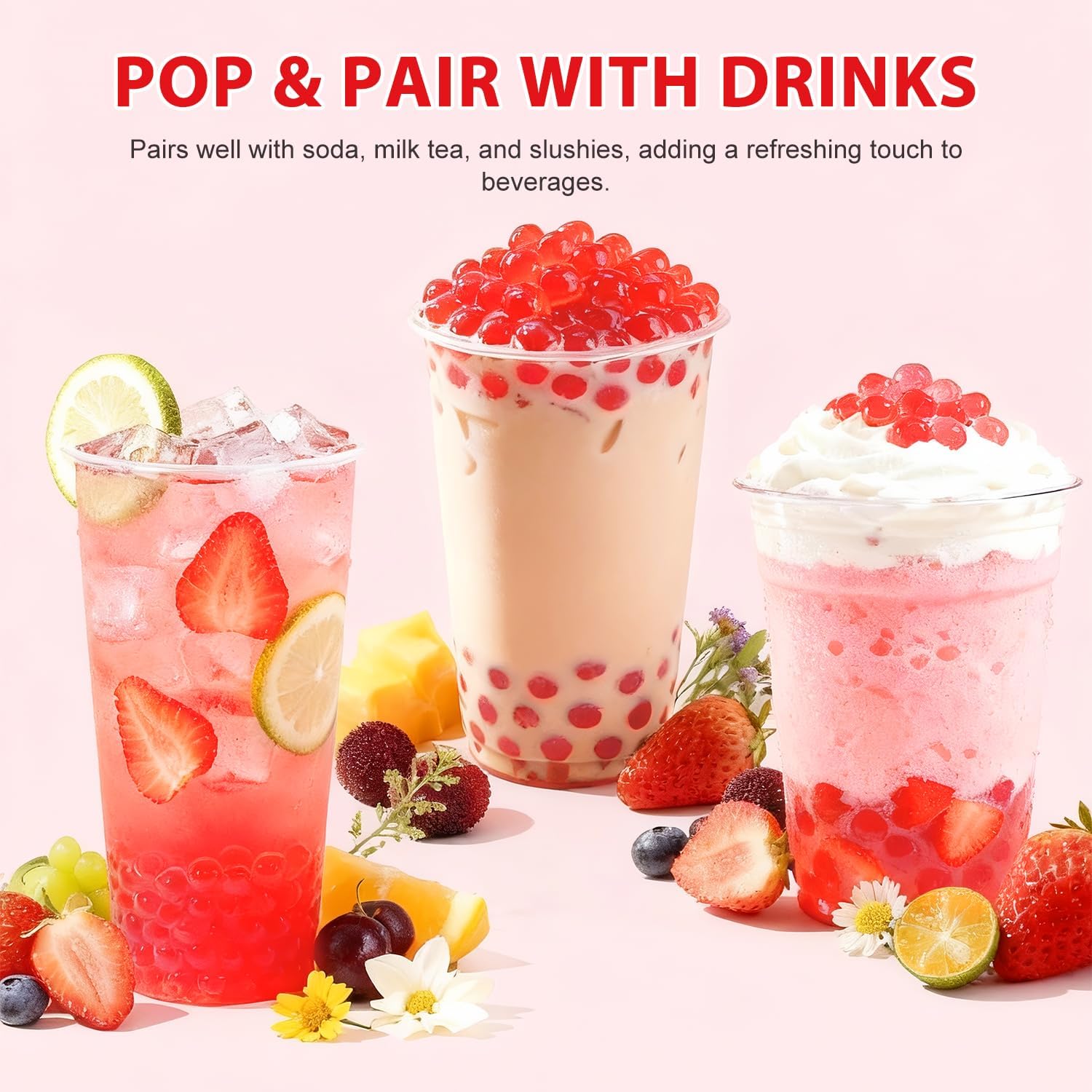 Soeos strawberry popping boba pearls in bubble tea glass