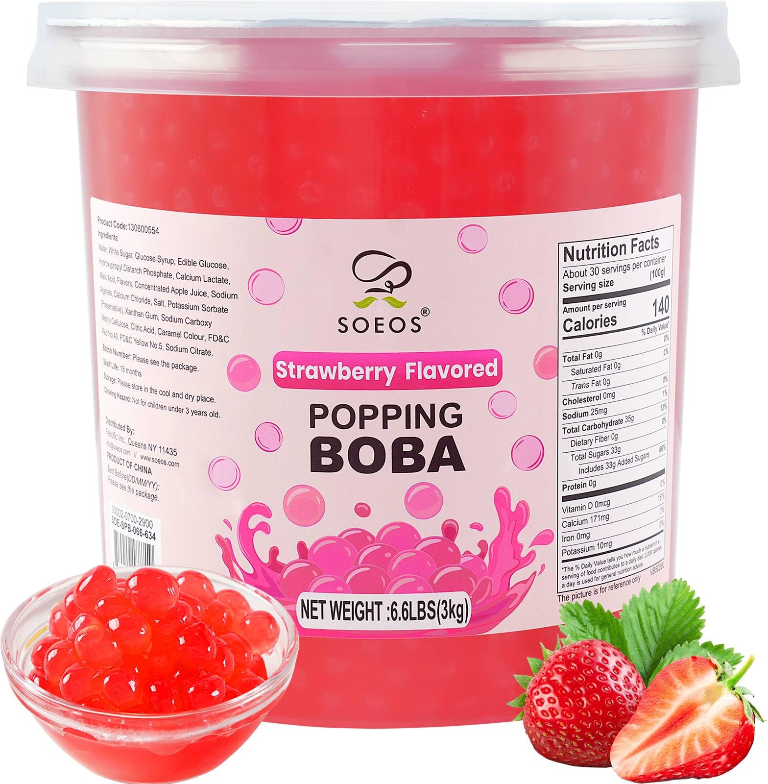 Soeos strawberry popping boba pearls in a jar, ideal bubble tea topping