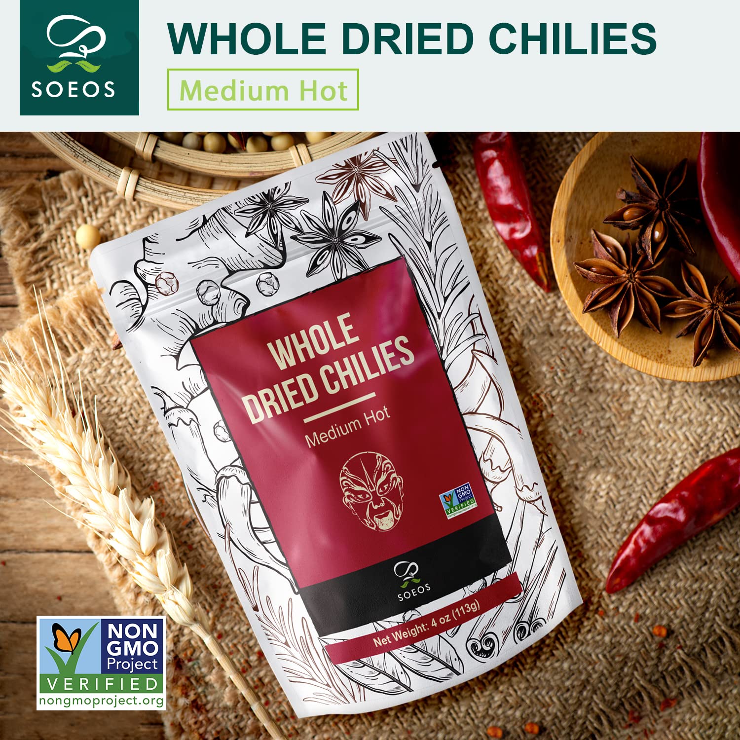 Soeos sun-dried chili peppers; natural process preserves aroma and color.