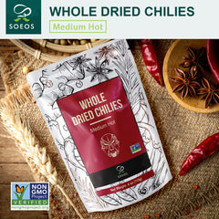 Soeos sun-dried chili peppers; natural process preserves aroma and color.