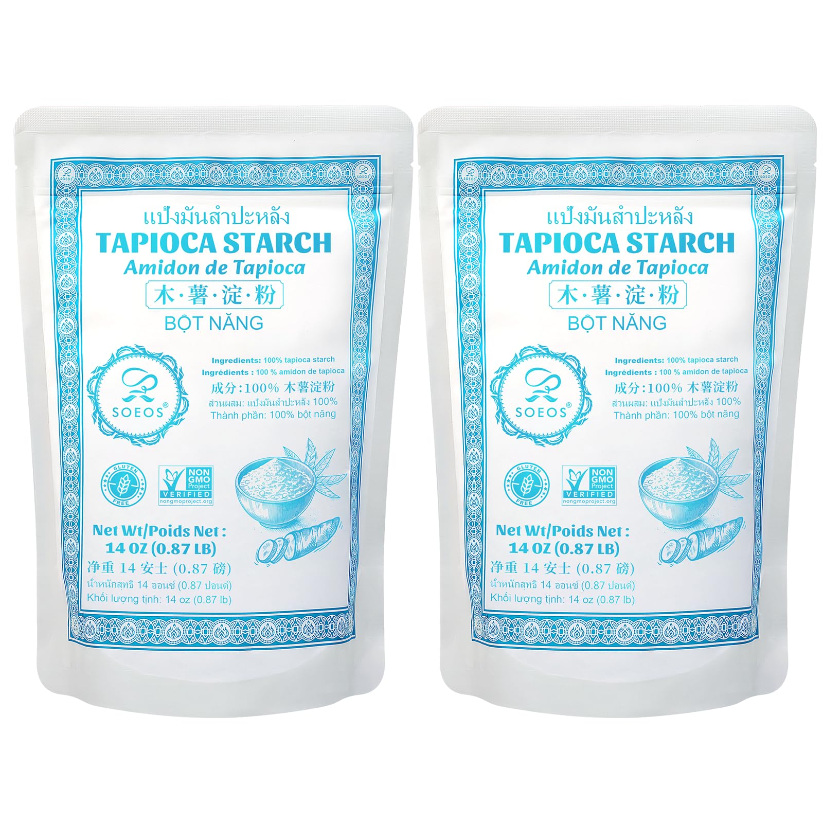Soeos Tapioca Flour bags two-pack ready for gluten-free cooking.