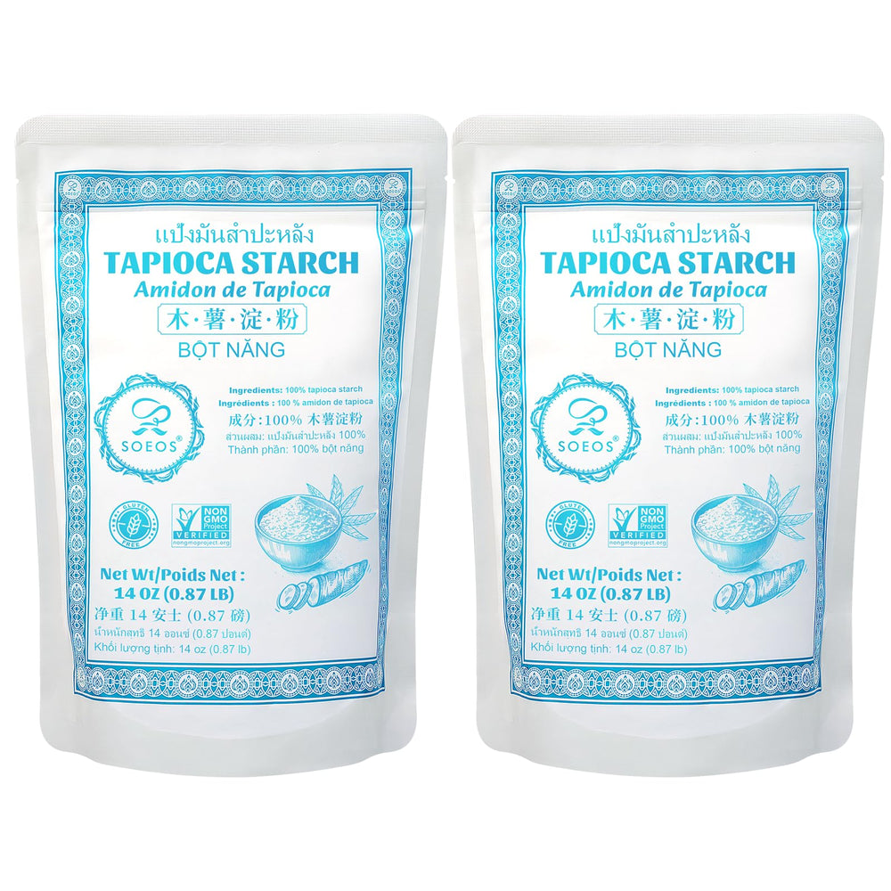 Soeos Tapioca Flour bags two-pack ready for gluten-free cooking.