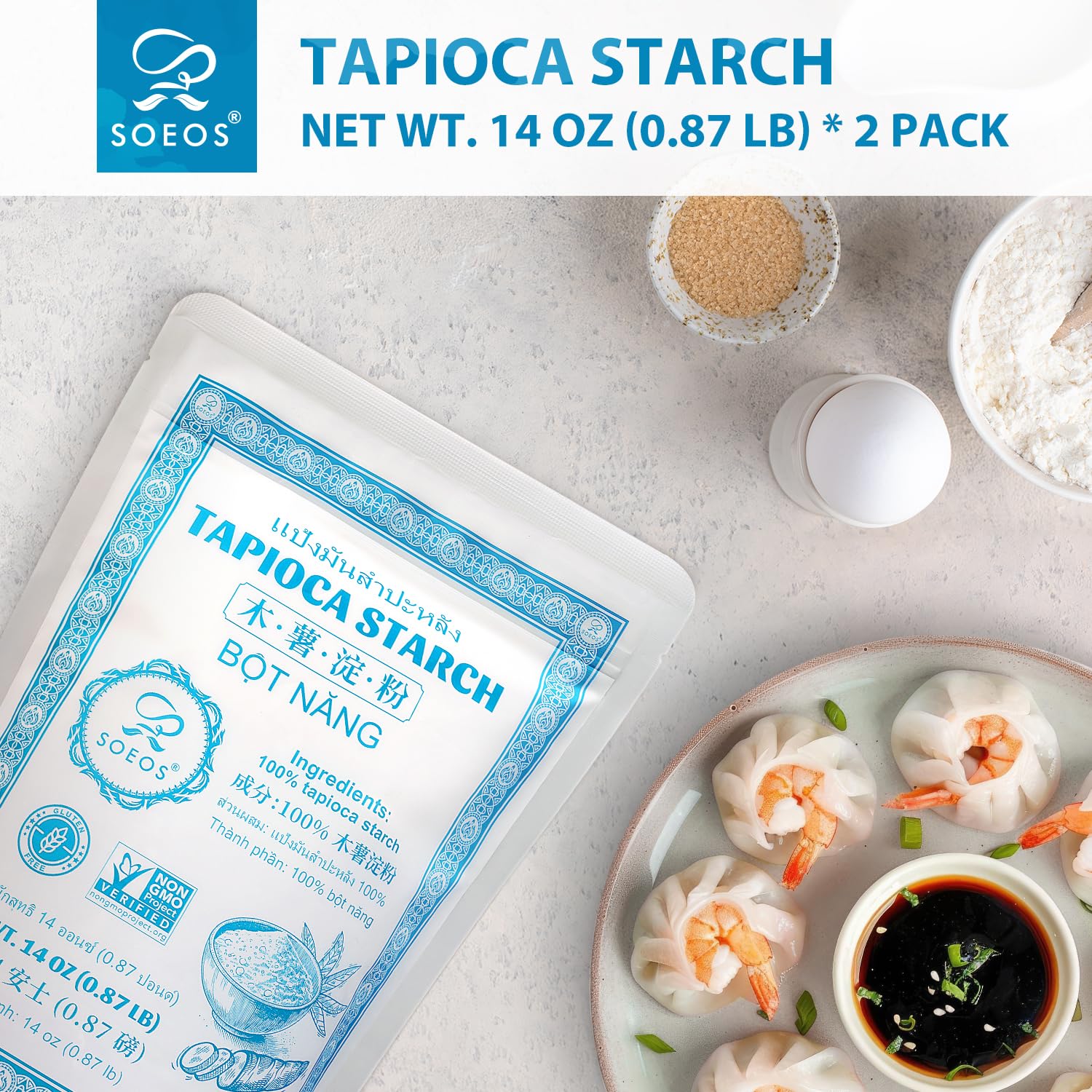 Soeos Tapioca Flour in a bowl demonstrating silky texture ideal for sauces.
