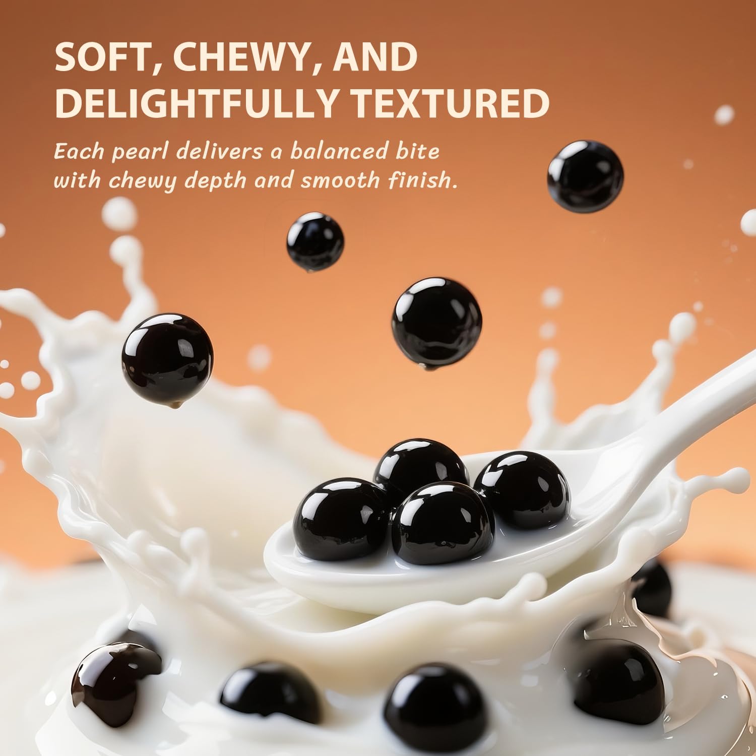 Close-up of Soeos black sugar pearls for rich beverage toppings.
