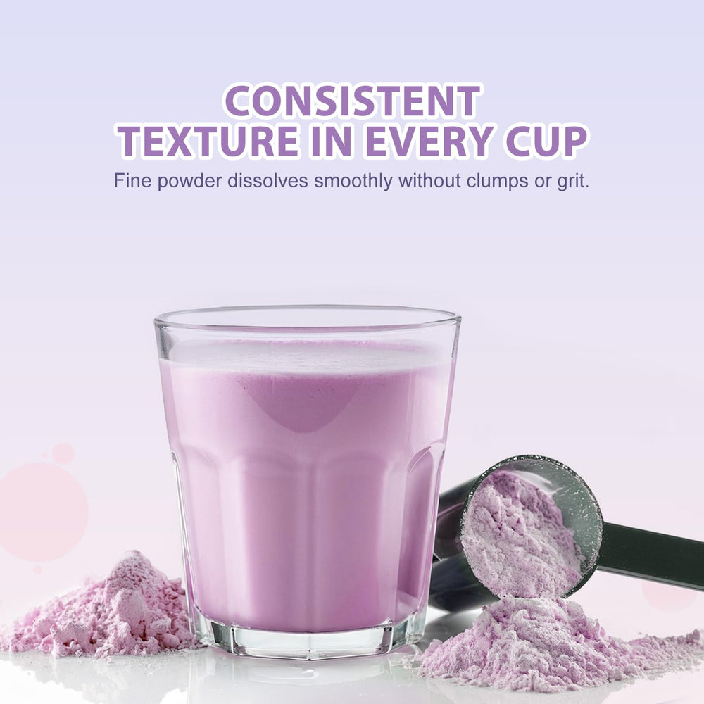 Soeos taro powder mixed into latte for versatile beverages