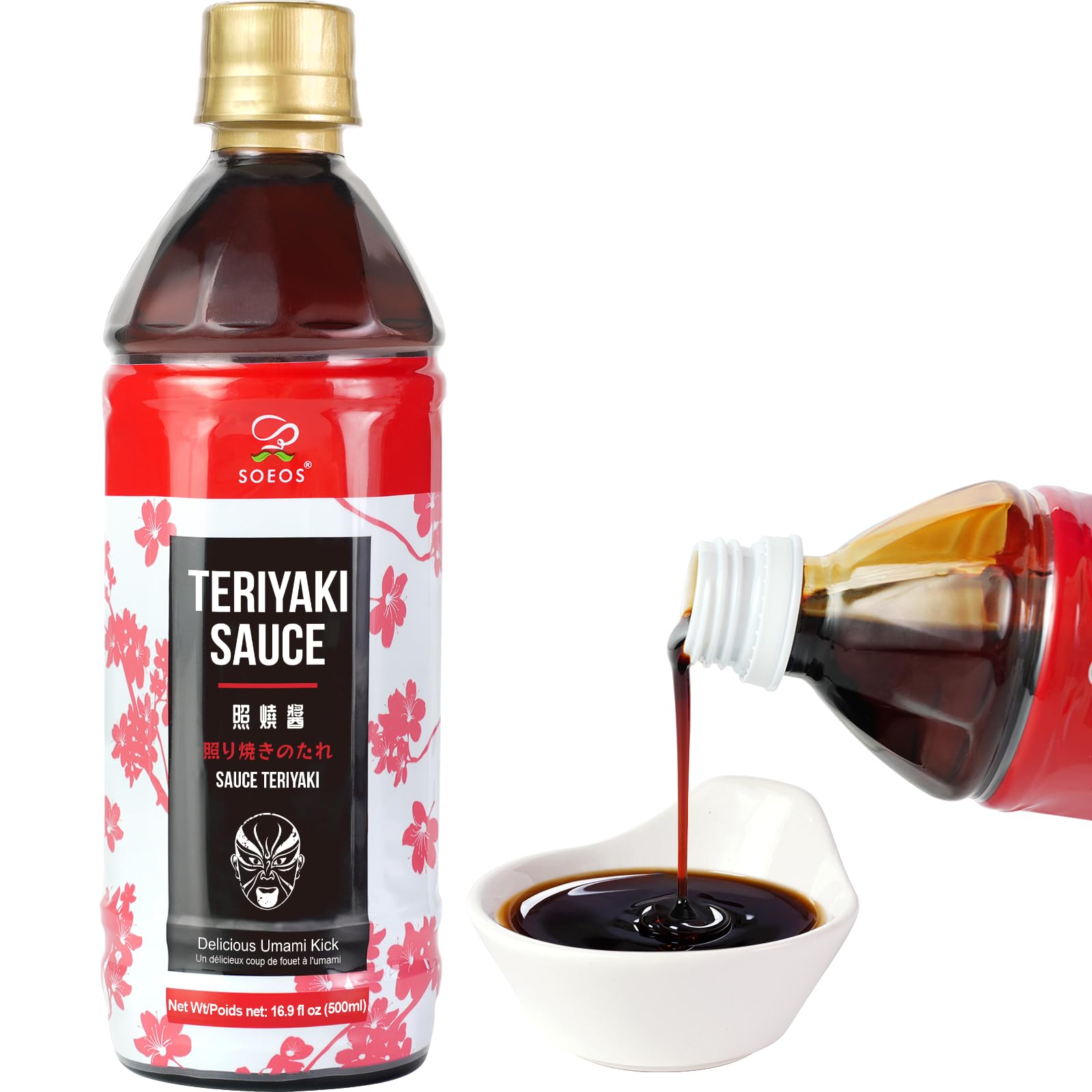 Soeos Teriyaki Marinade bottle front view, showcasing rich savory-sweet flavor for versatile meals.