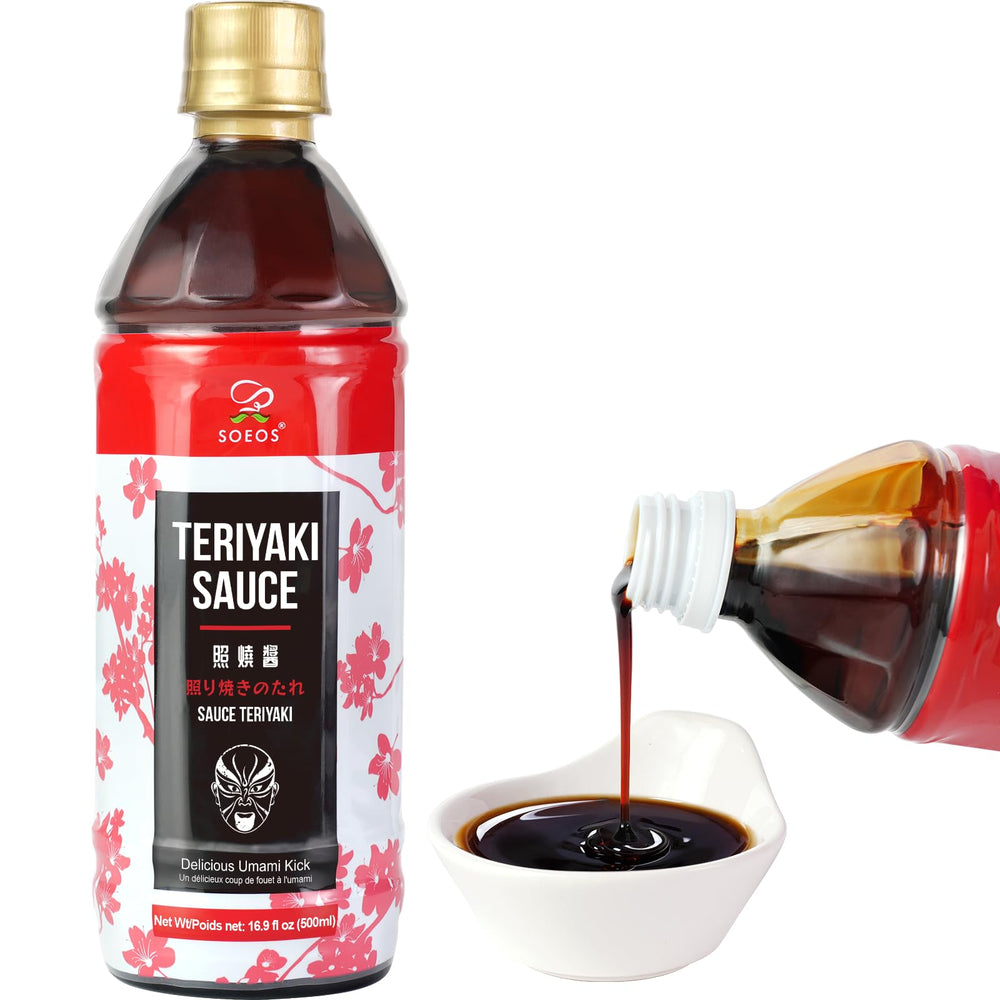 Soeos Teriyaki Marinade bottle front view, showcasing rich savory-sweet flavor for versatile meals.