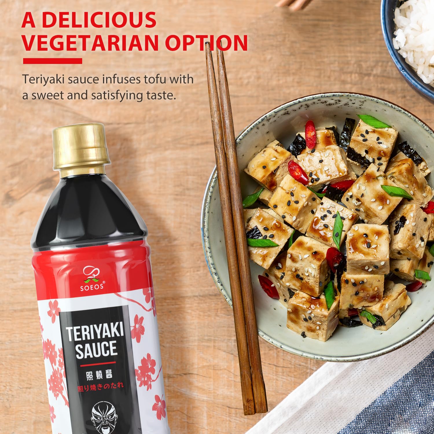 Noodles enhanced by Soeos Teriyaki Marinade for balanced sweet-savory taste.