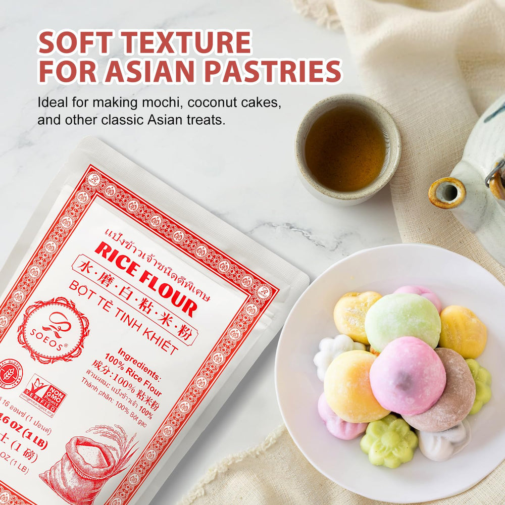 Soeos Thai Rice Flour kitchen setup with measuring cup shows easy cooking.