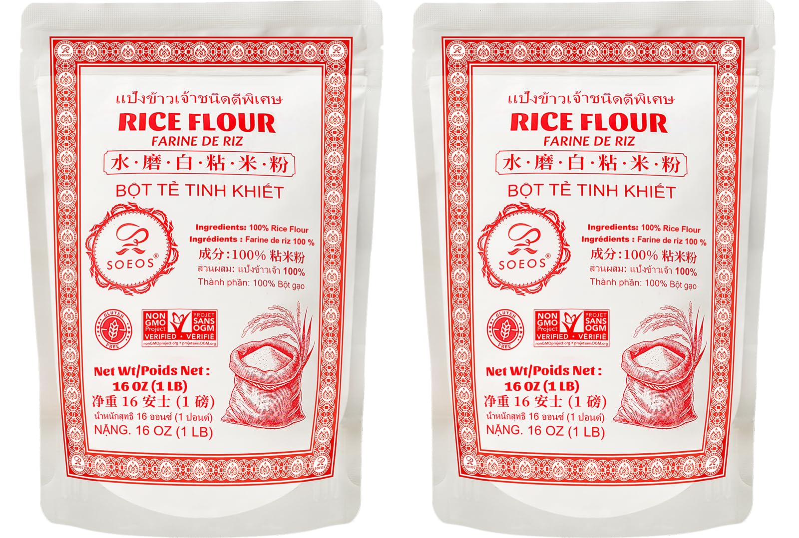Soeos Thai Rice Flour packaging shows premium texture ideal for gluten-free home baking.
