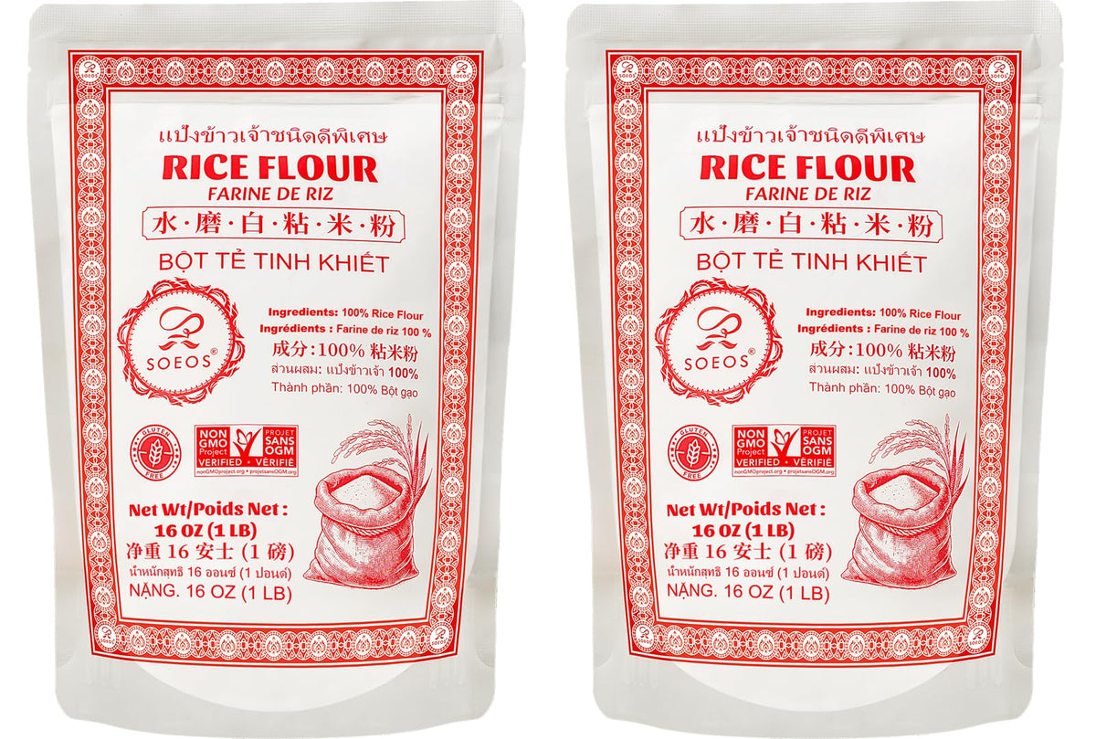 Soeos Thai Rice Flour packaging shows premium texture ideal for gluten-free home baking.