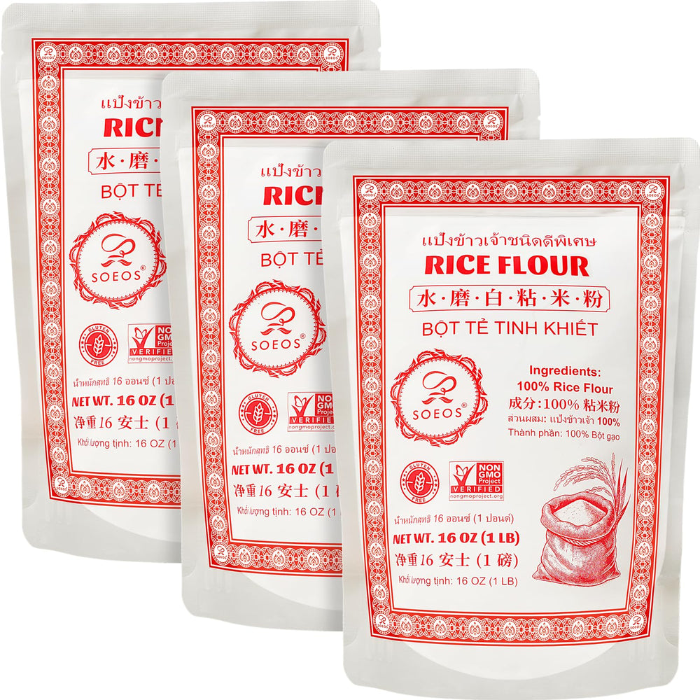 Soeos Thai Rice Flour packaging, convenient 3-pack for gluten-free baking