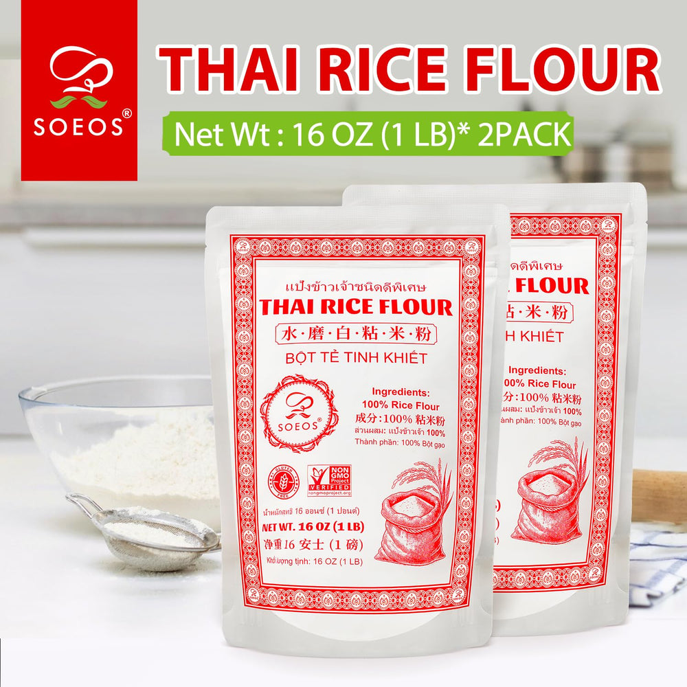 Soeos Thai Rice Flour texture highlights silky batter for breads and noodles.