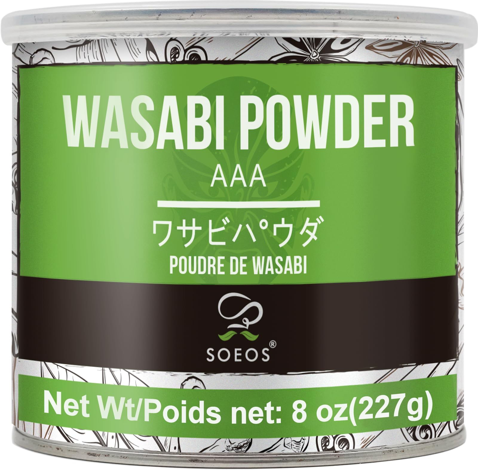 Soeos Wasabi Powder 8oz jar front label for sushi and sashimi use.