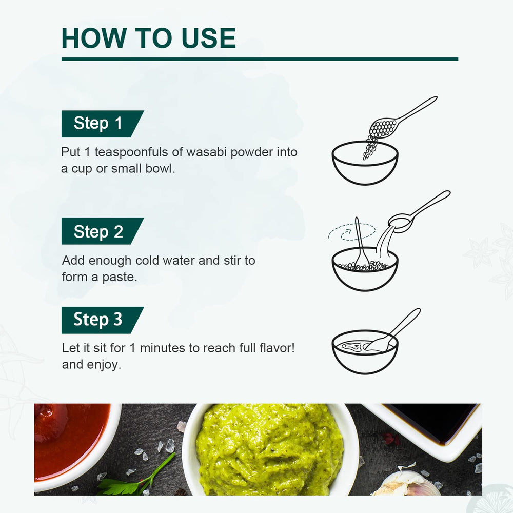 Green hue of Soeos Wasabi Powder under bright kitchen lighting.