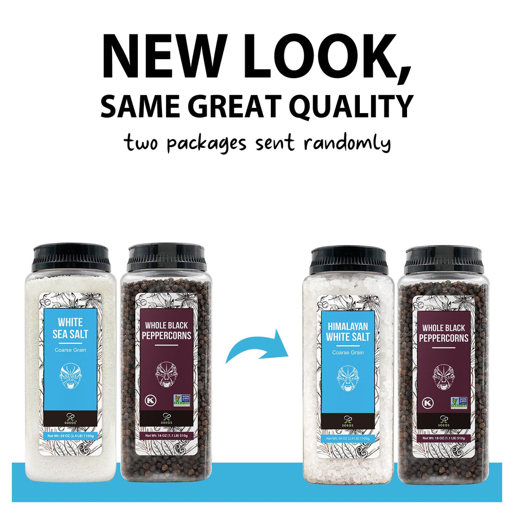 Soeos white Himalayan salt coarse grain bottle adds texture to dishes.