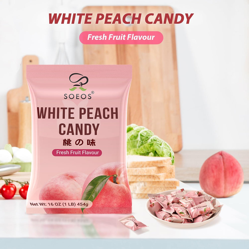 Soeos White Peach Hard Candy resealable bag keeping candies fresh between servings