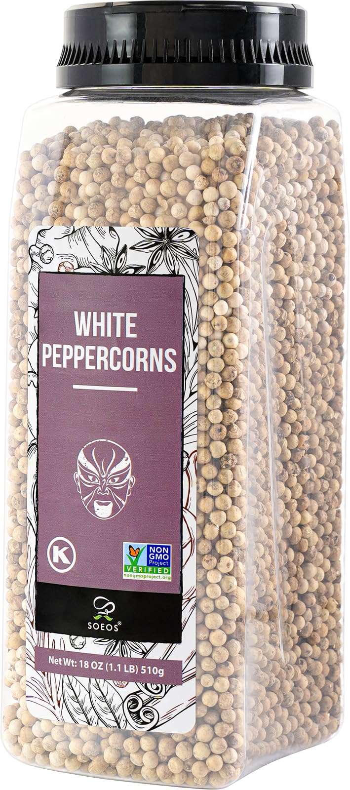 Soeos White Peppercorns 18oz pack preserves freshness for everyday cooking.