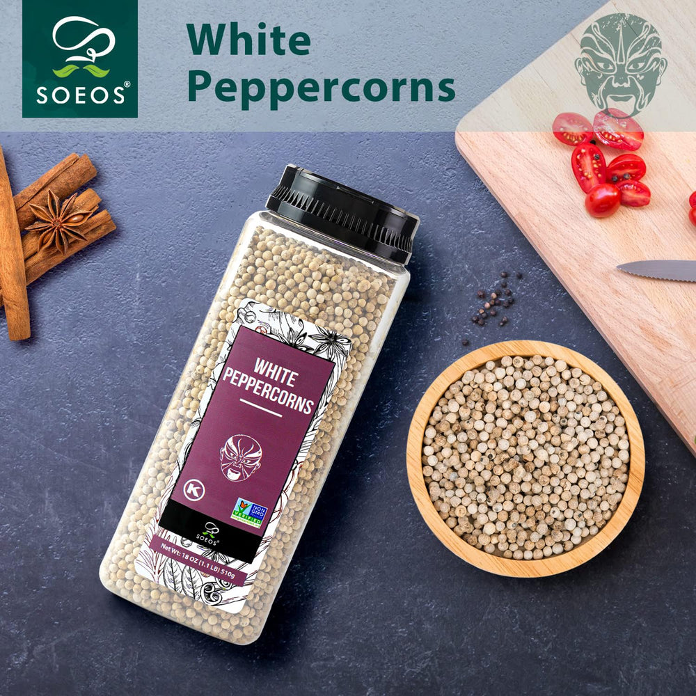 Soeos White Peppercorns sit on a kitchen shelf for versatile flavor.