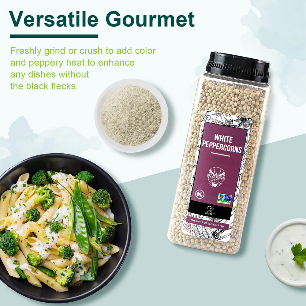 Soeos White Peppercorns pour into pots, releasing subtler heat and aroma.
