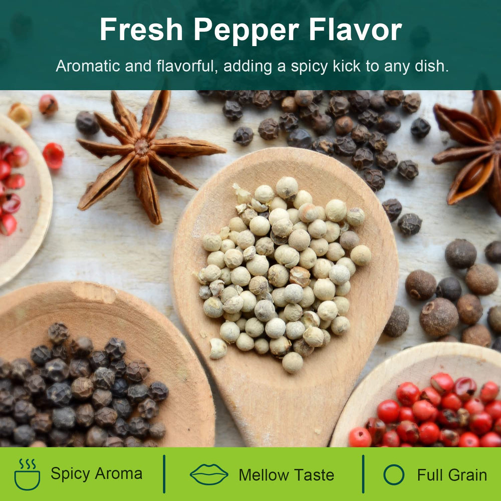 Soeos White Peppercorns enhance soups, marinades, and stir-fries with bright notes.