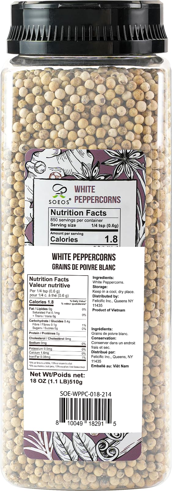 Soeos White Peppercorns whole peppercorns ideal for grinder refills and fresh sauces.