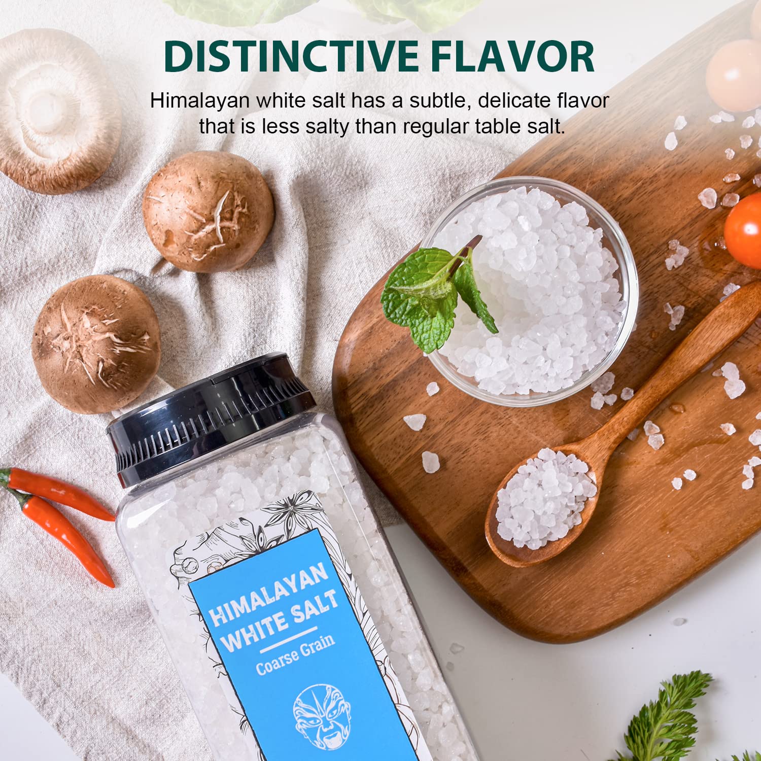 Soeos white salt in grinder demonstrates ready-to-use seasoning at hand.