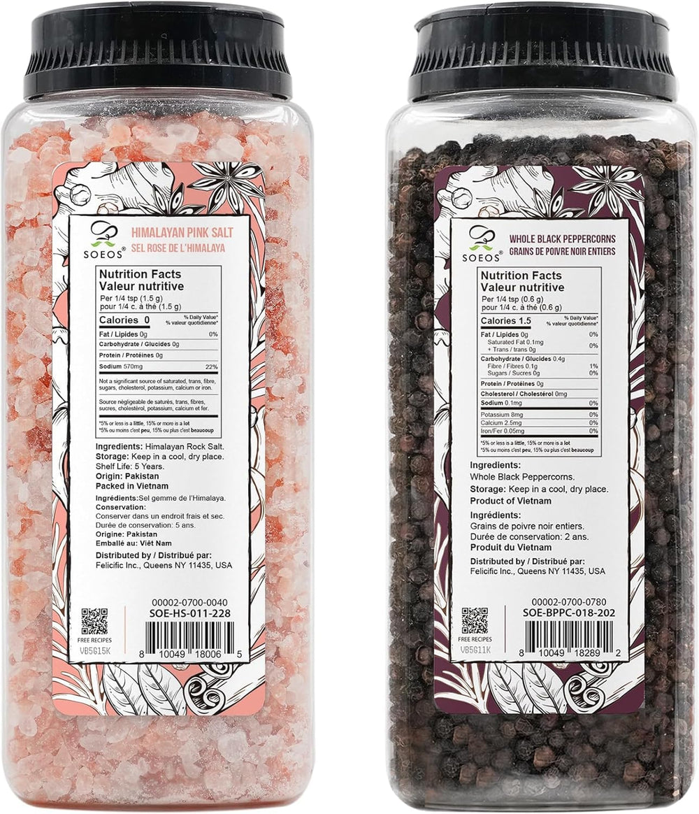 Soeos Whole Black Peppercorns 18 oz bottle with aromatic pepper aroma.