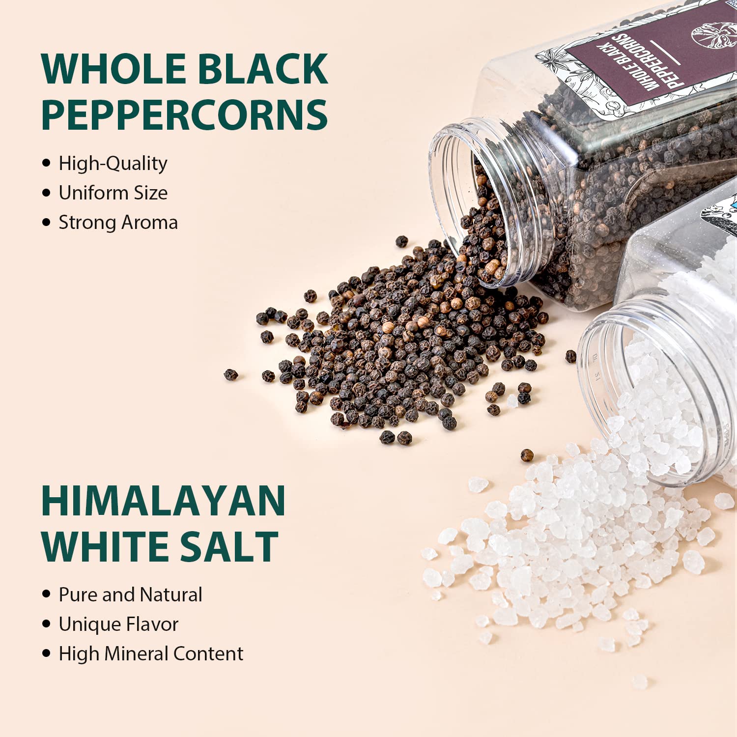 Soeos whole black peppercorns closeup showing glossy seeds ideal for grinding.