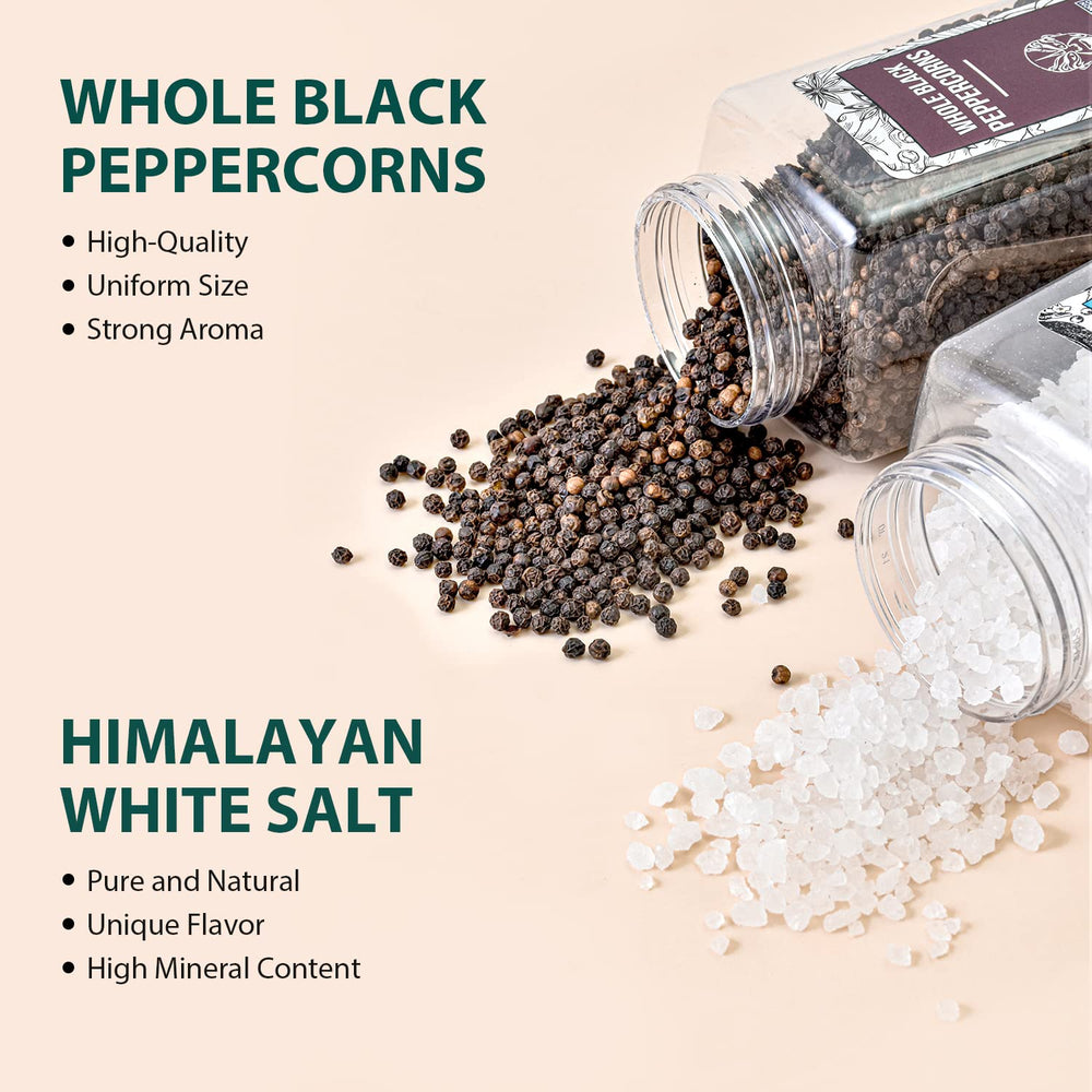 Soeos whole black peppercorns closeup showing glossy seeds ideal for grinding.