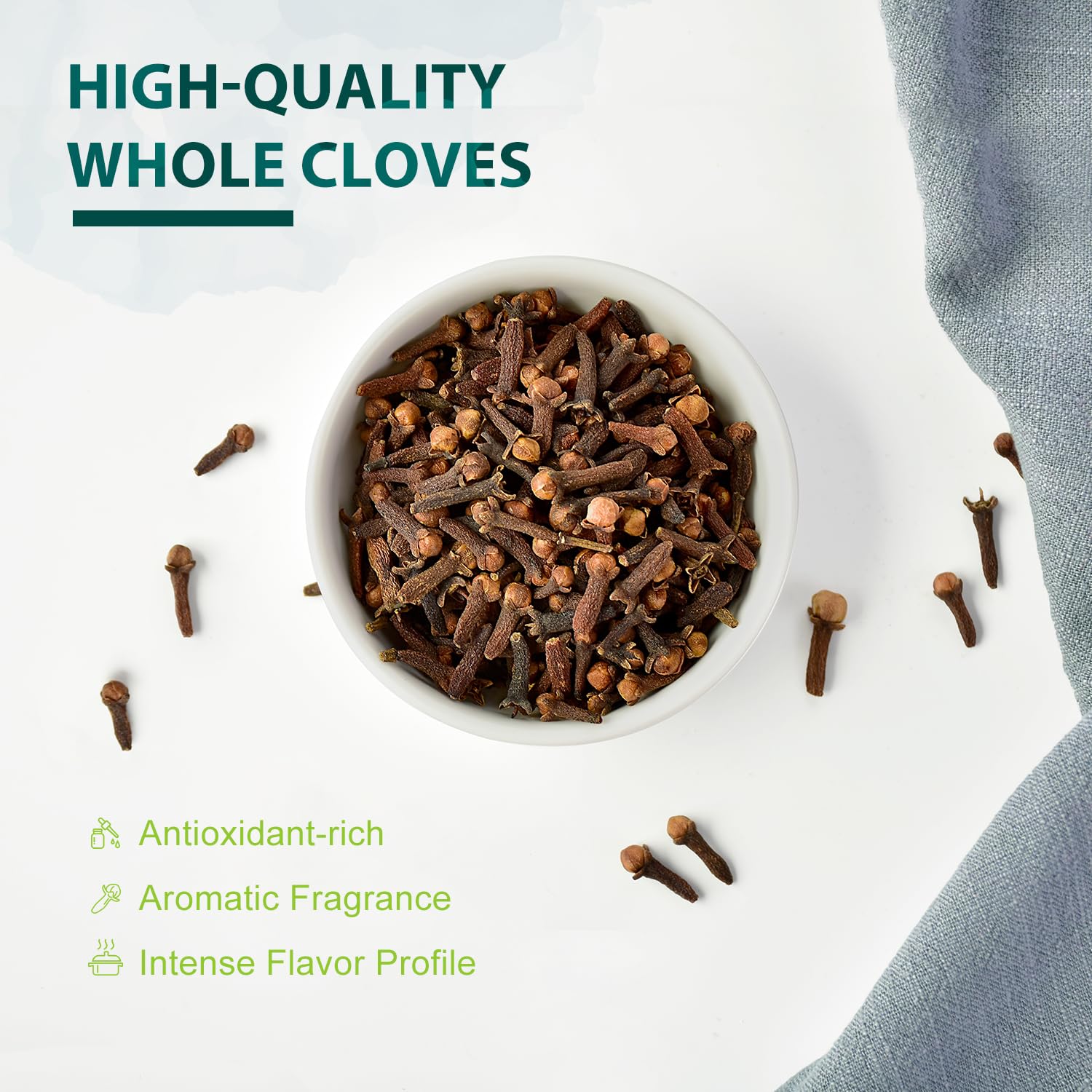 Soeos Whole Cloves bulk pack emphasizes versatile uses in baking and tea.