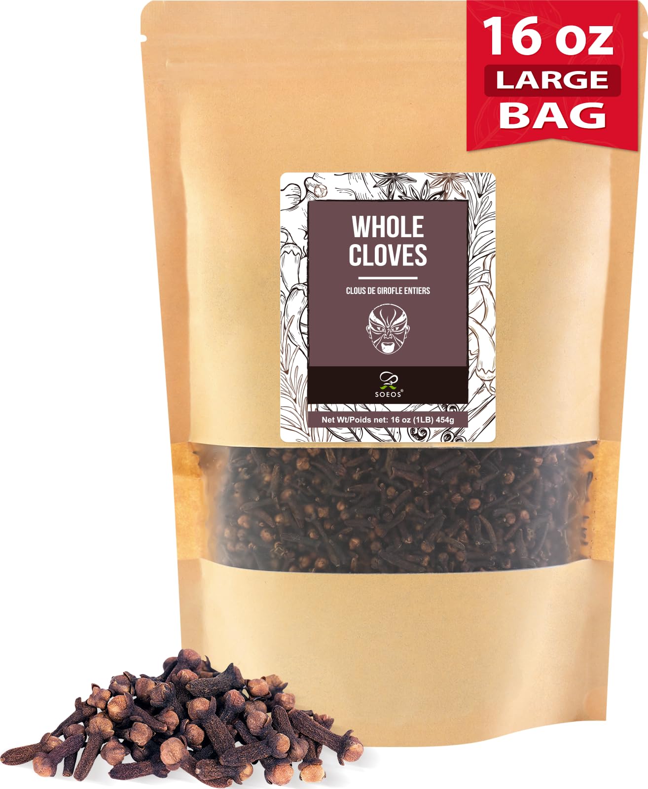 Soeos Whole Cloves jar closeup shows premium quality and rich aroma.