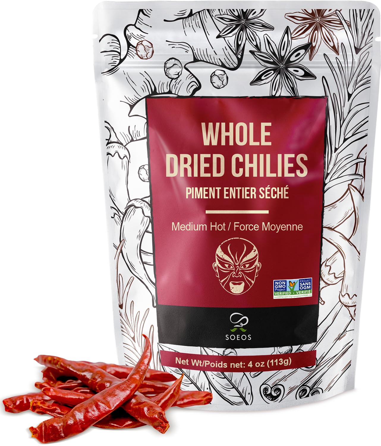 Soeos whole dried chili 4oz bag highlights natural flavor and mild heat.