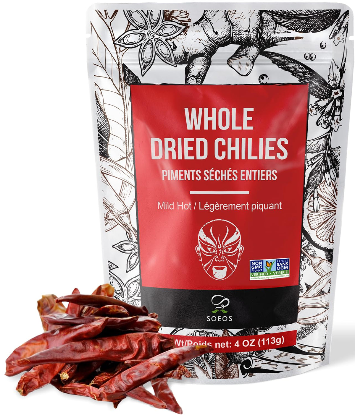 Soeos whole dried chilies 4oz pack adds mild heat to Mexican and Asian dishes.