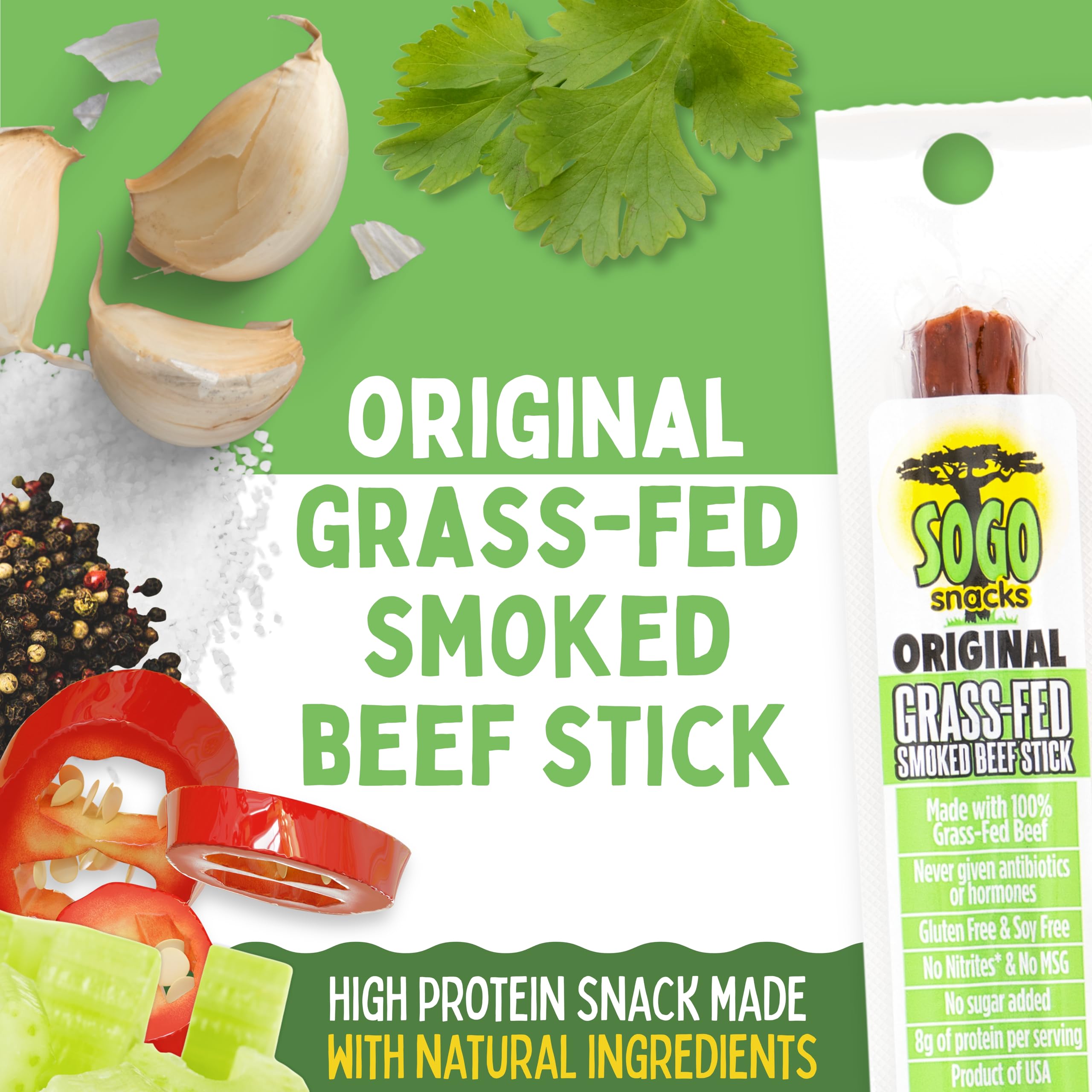 Sogo Snacks Original Beef Sticks closeup – 1oz sticks with pasture-raised flavor.
