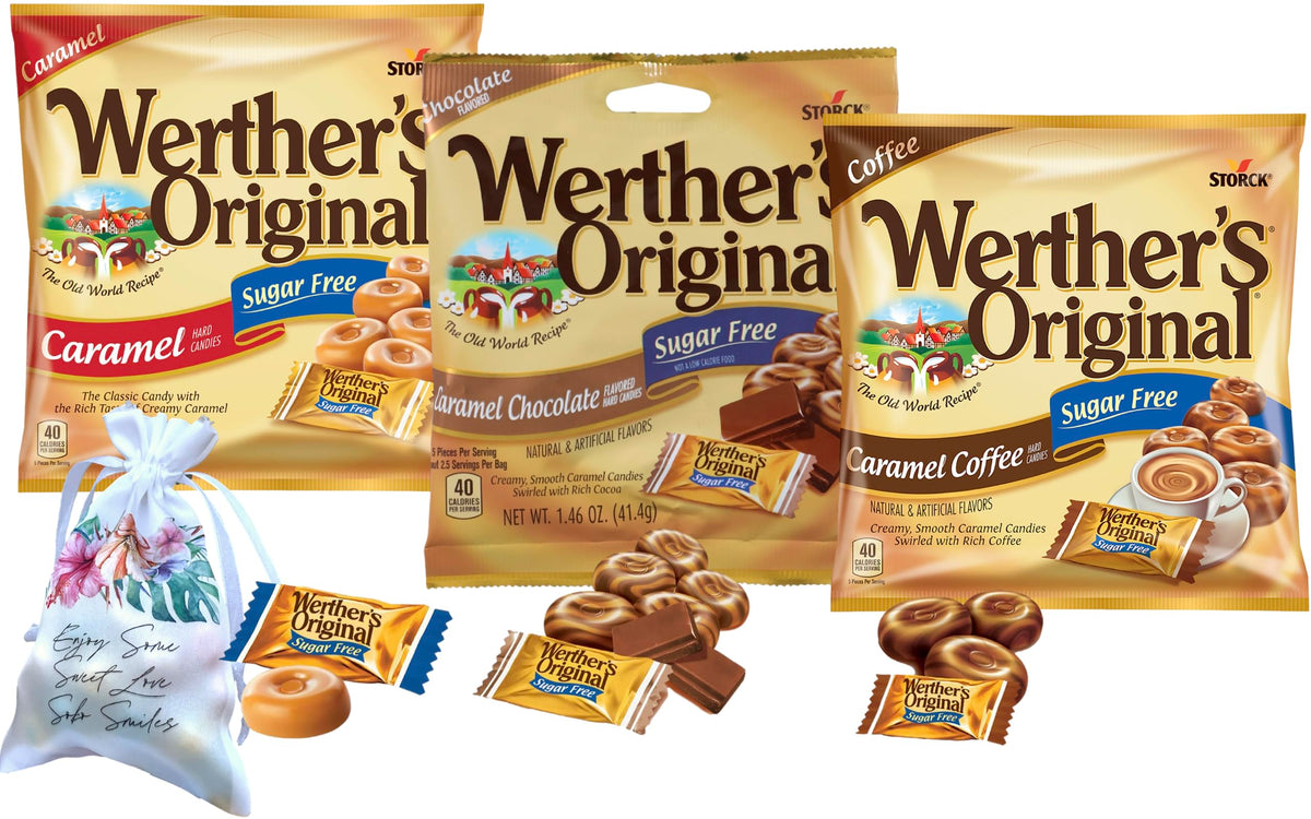 Packaging for Soko Smiles Werther's Original Sugar Free candy, ideal for gifting and desk display.