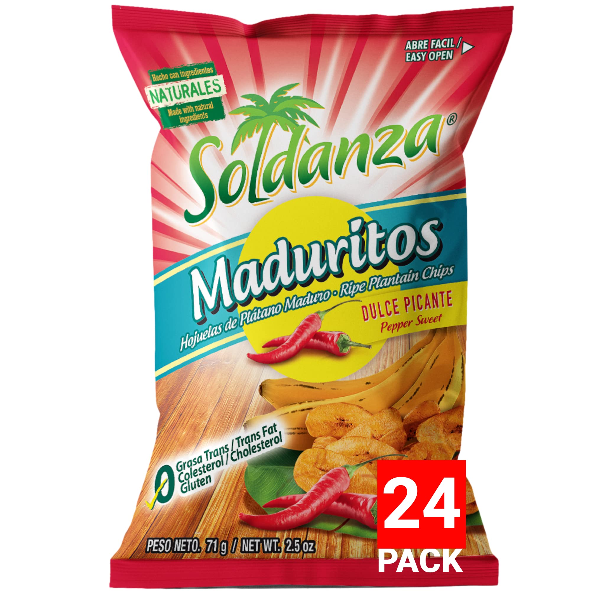 Soldanza Pepper Sweet Plantain Chips front view in pack, ready for on-the-go snacking