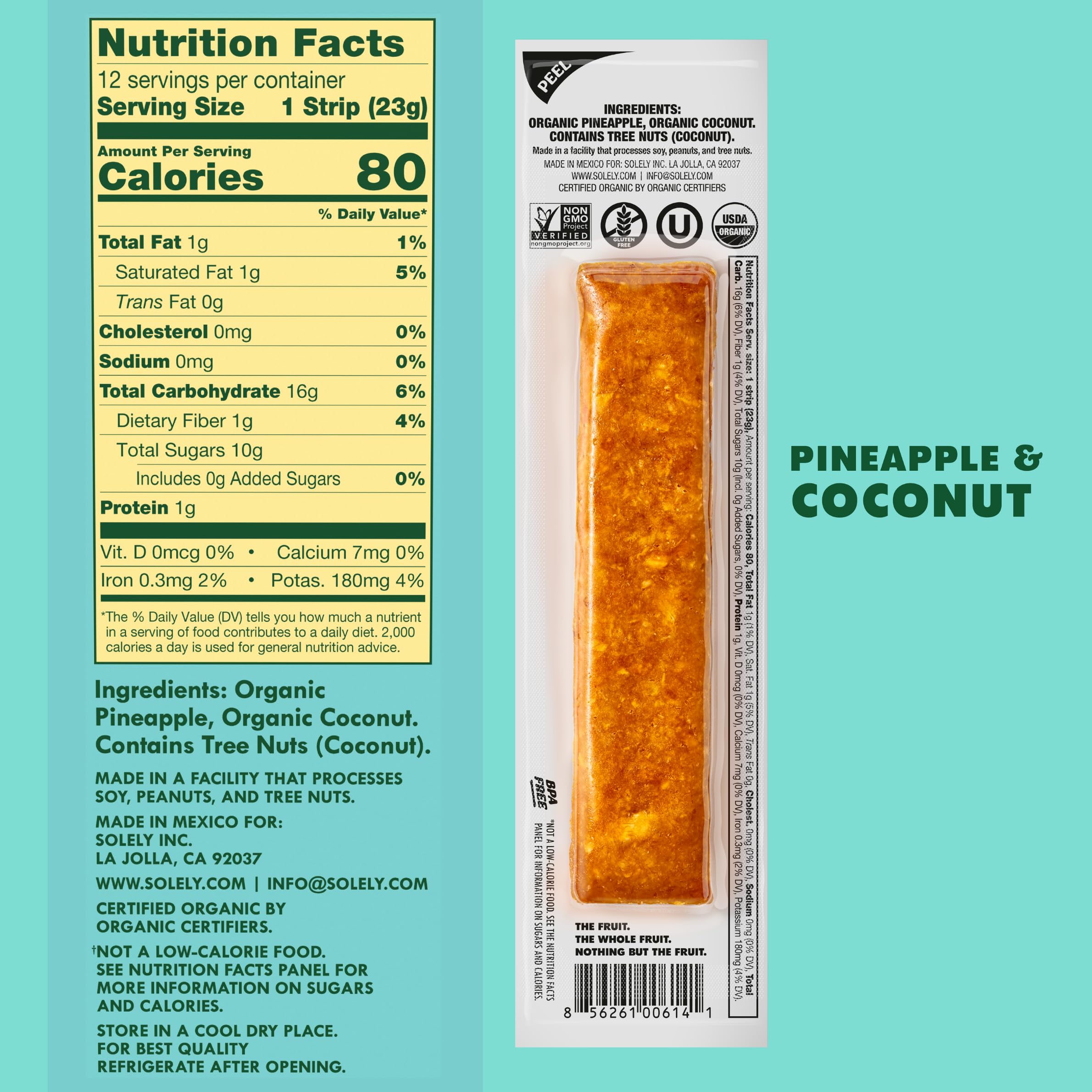 SOLELY 12-pack single-serve wraps showing portable, ready-to-eat tropical fruit jerky.